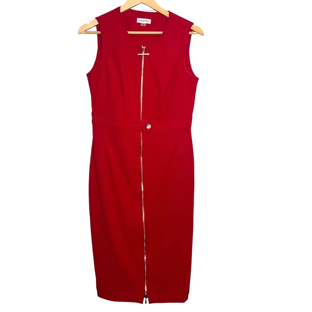 Calvin Klein Red Sleeveless Zipper Front MIDI Dress Gold Hardware Size 8
